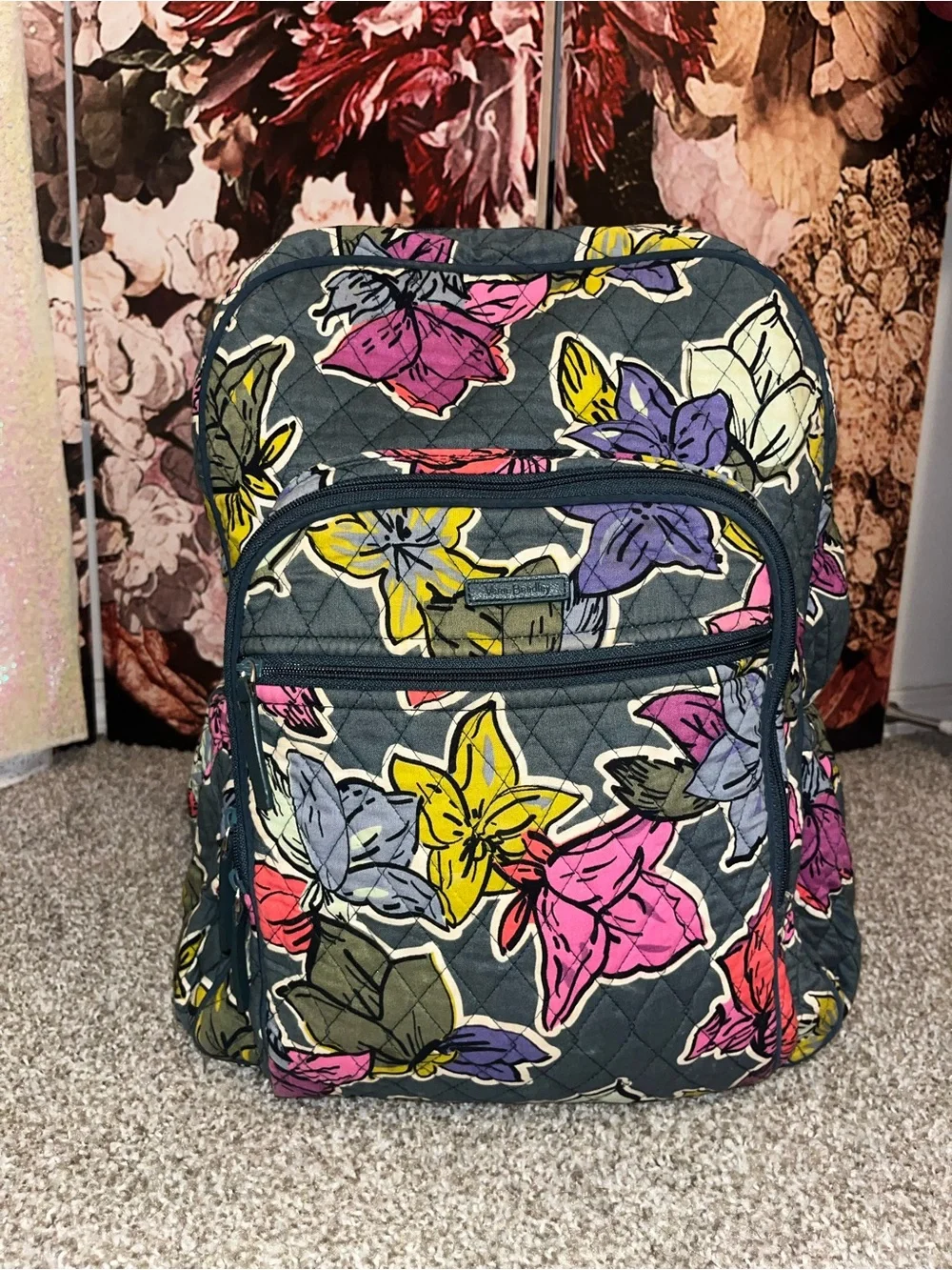 Vera Bradly Quilted Floral Backpack - Gray with Pink, Yellow & Purple Flowers